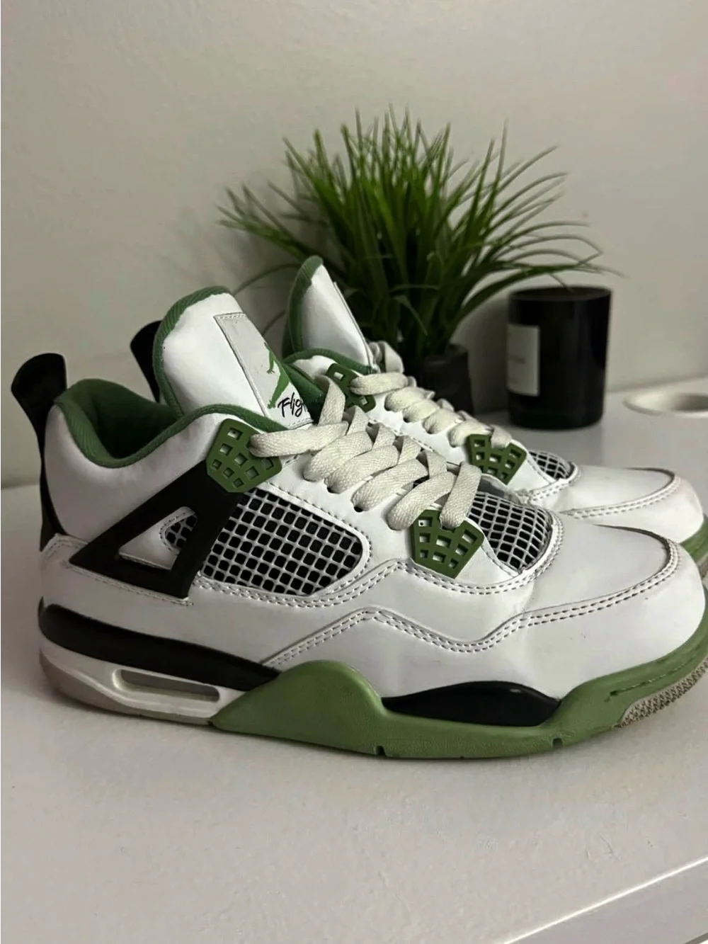 Jordan White Sneakers with Green Lining and Black Accents
